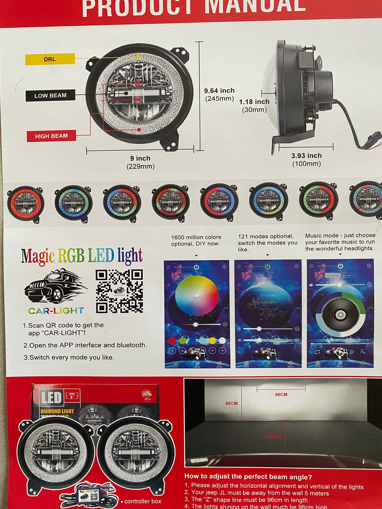 Headlights "9" RGB 'DIAMOND' for Wrangler JL / JLU with DRL (App Controlled) A+ LED