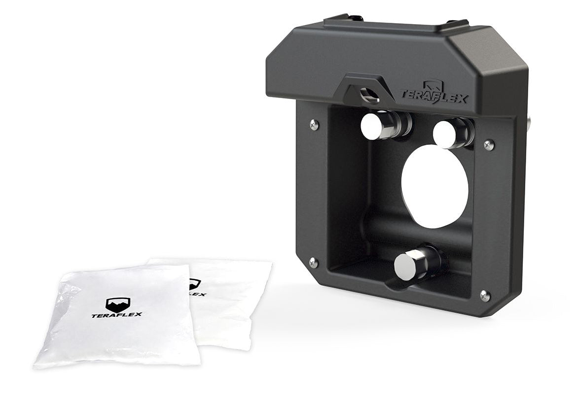 A black TeraFlex license plate relocation kit, including mounting bracket and hardware, displayed on a white background.