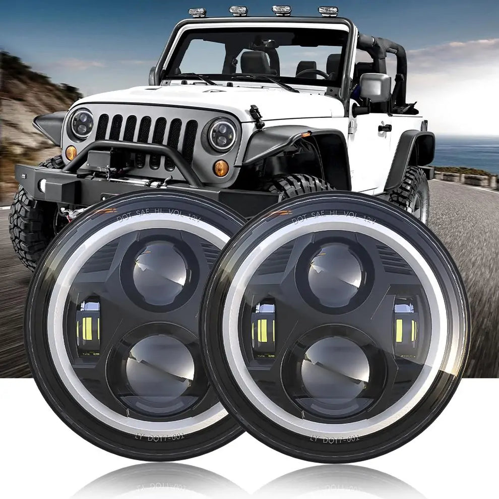 Headlights Black Avenger LED DRL Halo for Wrangler JK JKU TJ (pair)