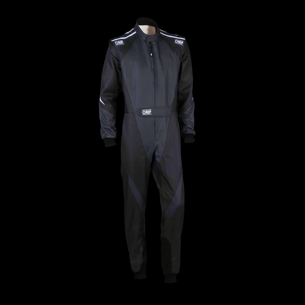 A youth kart suit in black and anthracite colors, featuring a long-sleeved top and pants, designed for karting activities.