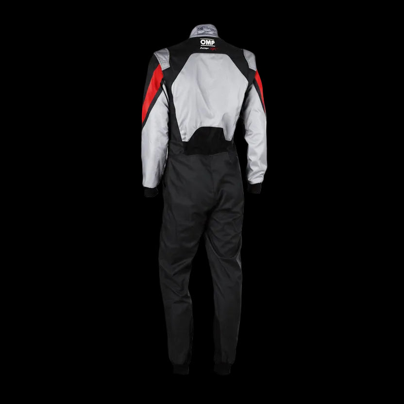 OMP Race suit with red and gray accents on a white background