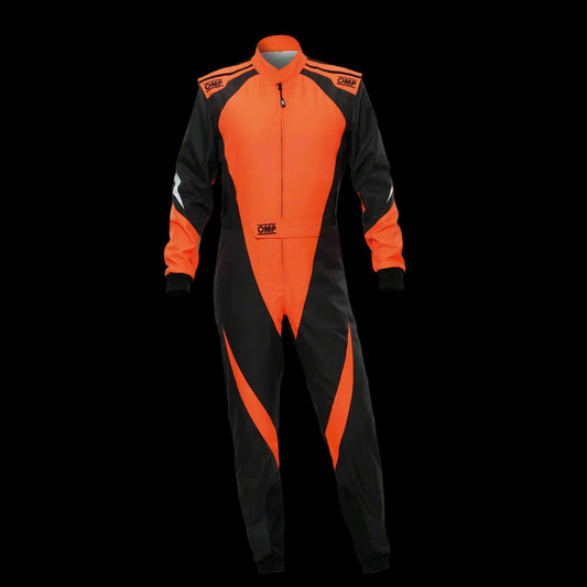 A karting suit with black and orange panels, featuring a zip front, outer pockets, and a_COLLARED NECKLINE.