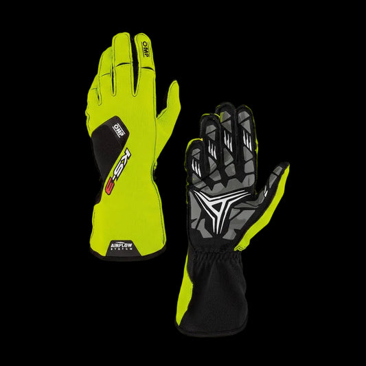 OMP racing gloves, one green and one black with gray accents, on a white background.