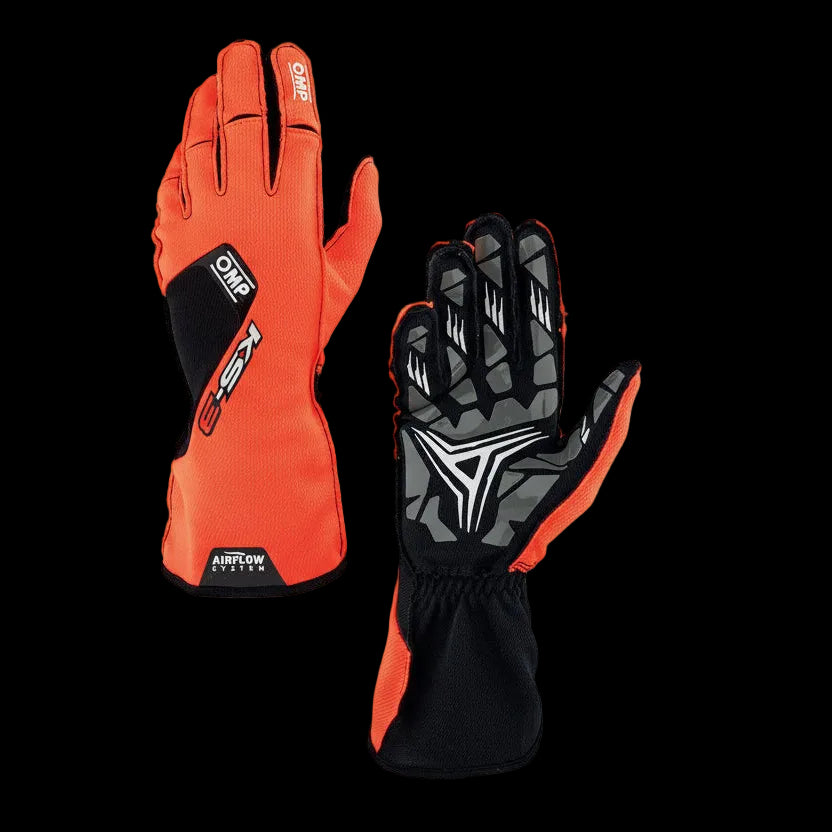 OMP Orange and black racing gloves with a brand logo on a white background