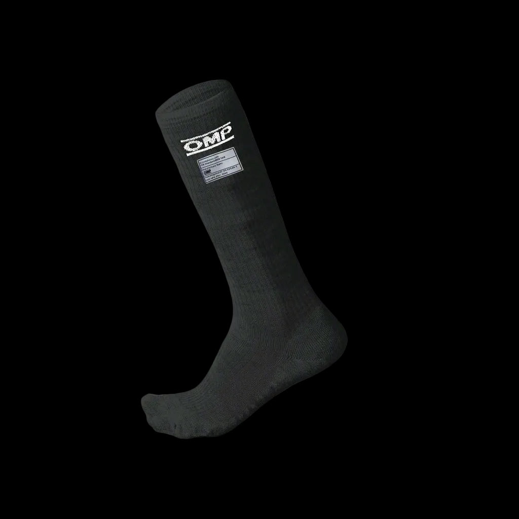OMP Black sock with a brand logo on a gray background