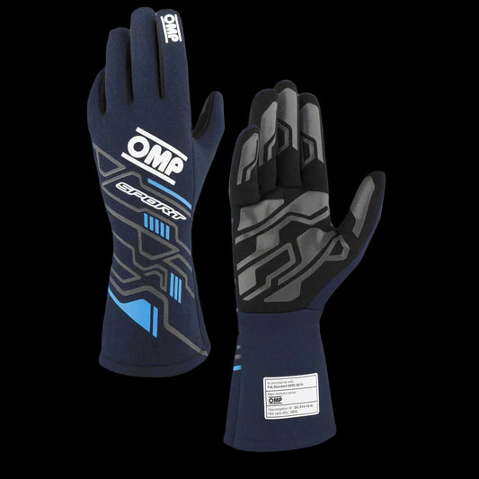 Pair of racing gloves with OMP branding on a white background