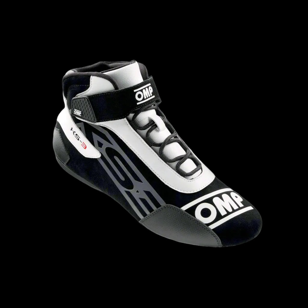 A single OMP KS-3 Kart Boot featuring black and white colors with mesh inserts and branded with OMP logo.
