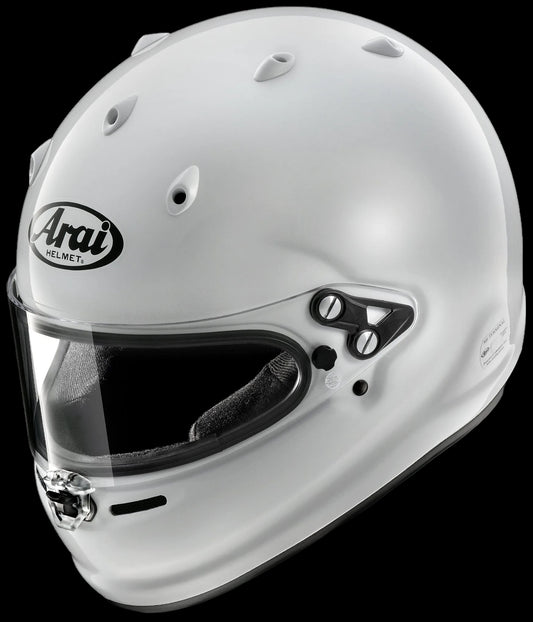 A white Arai full-face helmet with a clear visor, shown from a three-quarters angle against a white background.