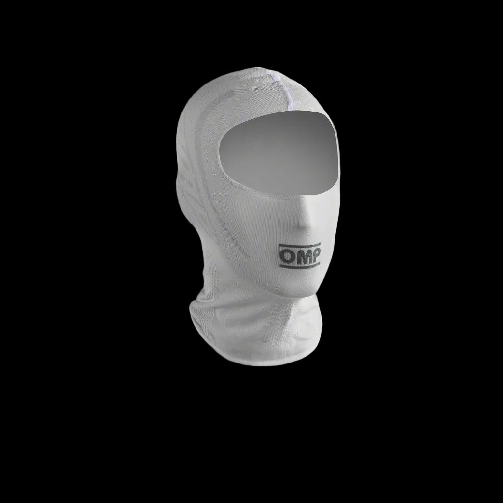 White balaclava with OMP logo on a gray background
