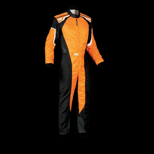 Youth karting suit in black and fluorescent orange with a low-cut neck and long sleeves.