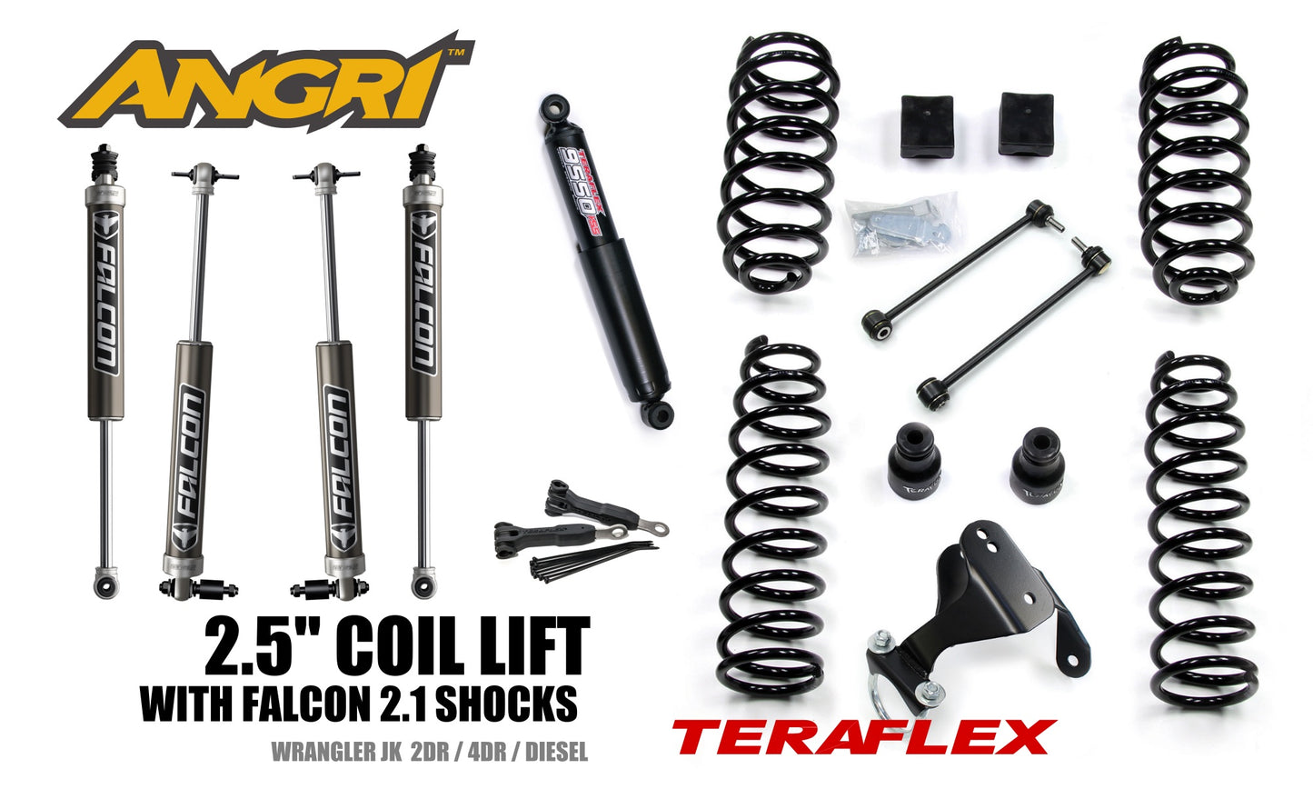 FULLY FITTED: PREMIUM 2.5" Teraflex Coil System, Falcon 2.1 or 2.2 Shocks, 9550 Stabiliser & Retainers for Wrangler JK JKU