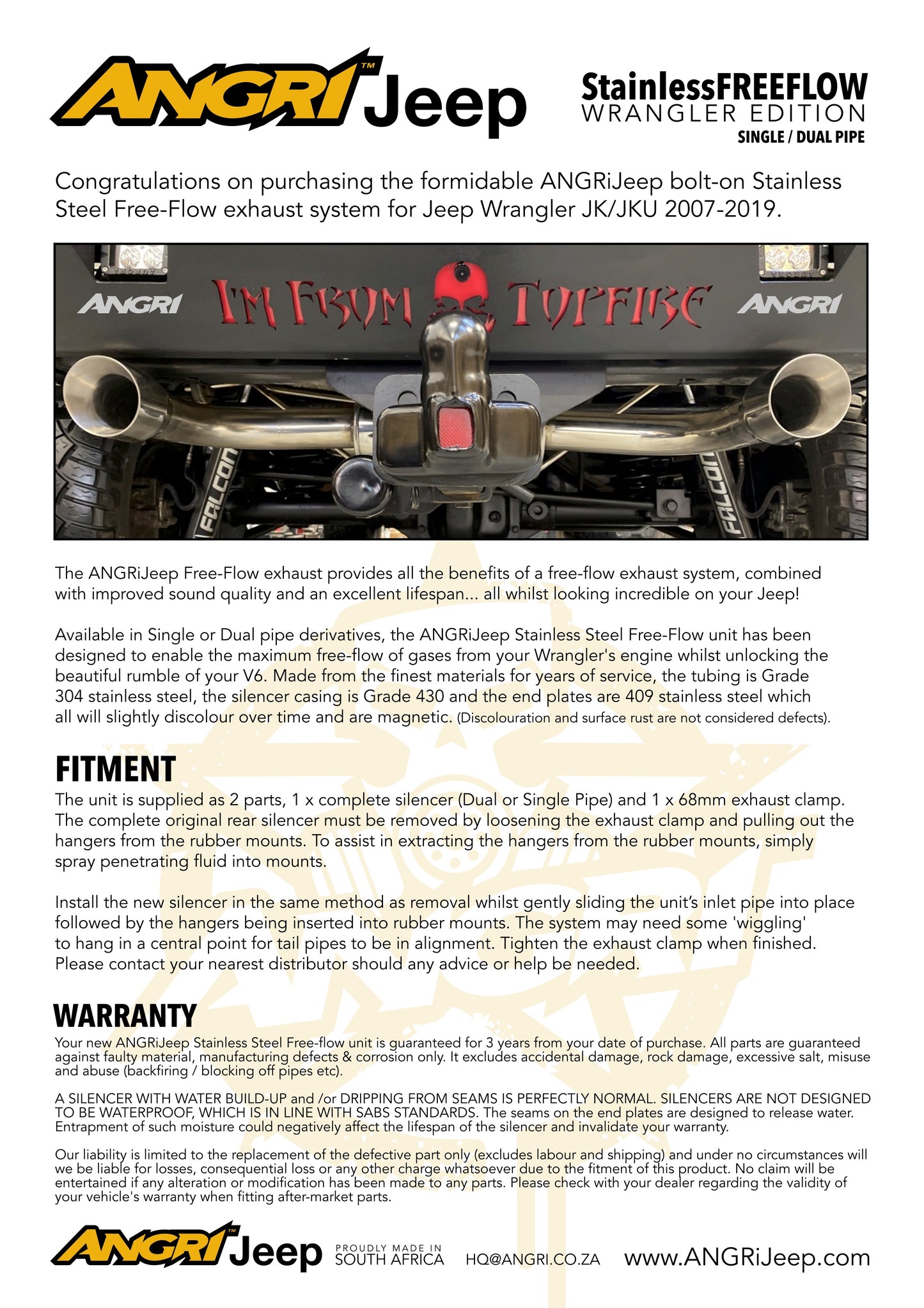 Free-Flow Stainless Steel Dual Pipe Exhaust for Wrangler JK JKU (FULLY FITTED - CAPE TOWN ONLY)